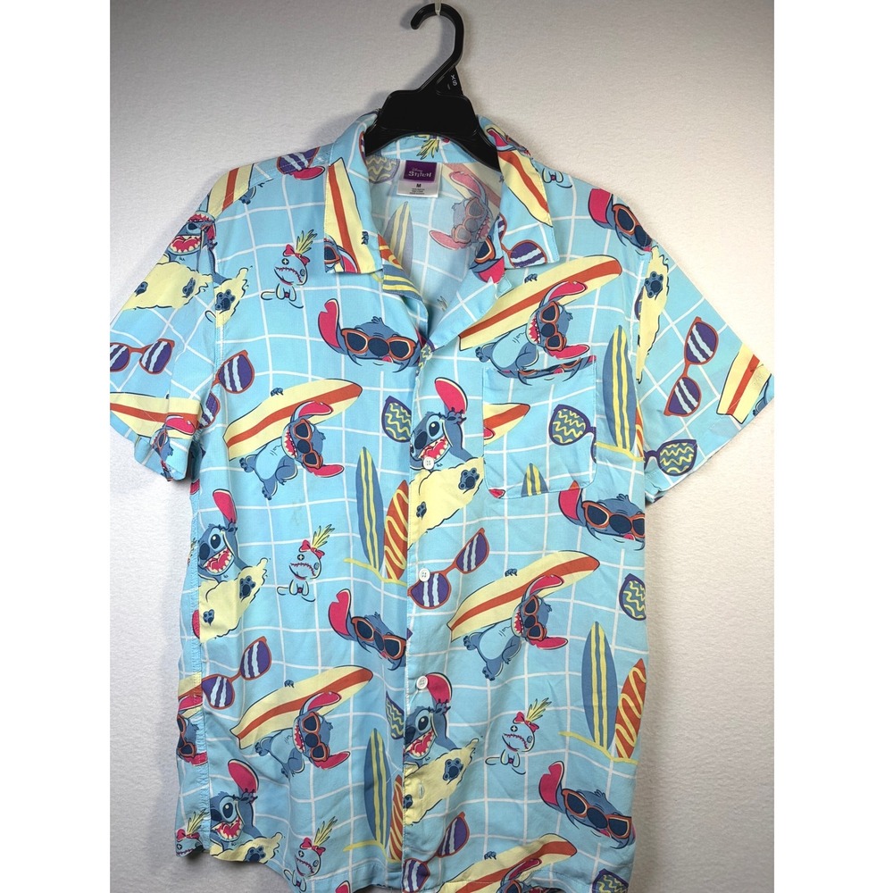 Disney Stitch Button Up Mens Medium Blue Aloha Surfing Rayon Aloha Shirt